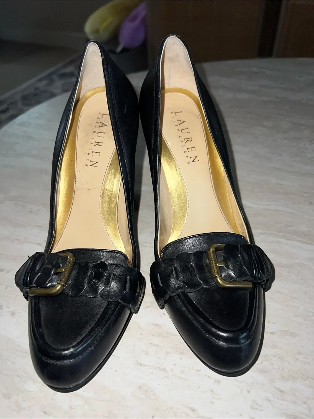 Lauren Ralph Lauren Black Leather Braided Buckle Pumps